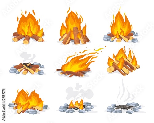 Burning and extinct bonfire. Forest heating bondfire, fireplace burn logs autumn cartoon campfire flammable firewoods wooden outdoor fire combustion, set neat vector illustration