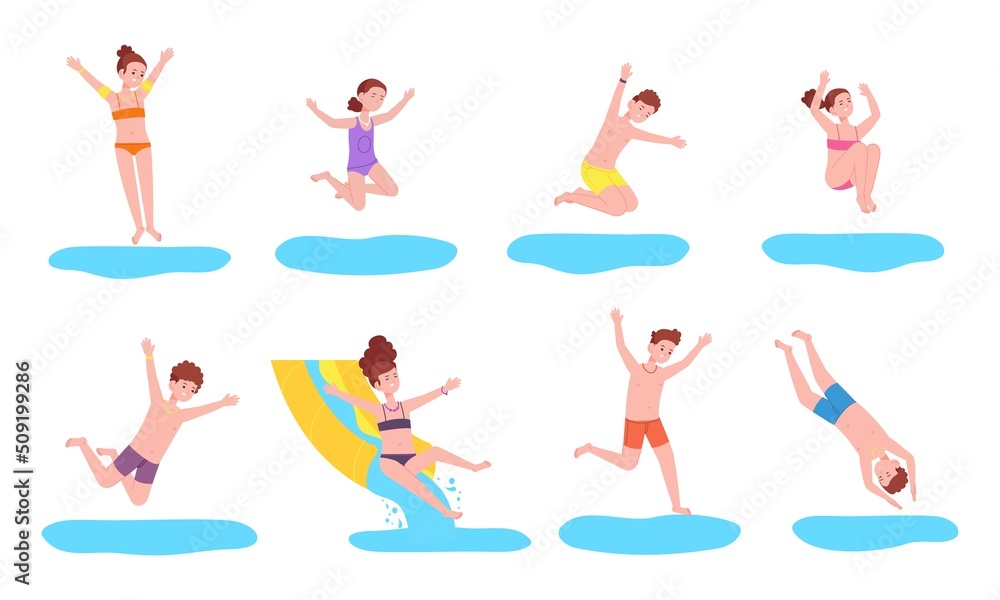 Kids jump in water. Happy children jumping splash pool, swimming play diving sea bath action child sun fun party boy girl splashing jumps little divers splendid vector illustration