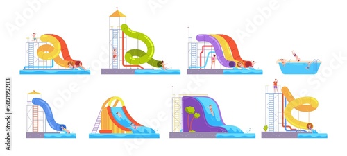Families in aquapark. Family on inflatable slide aqua park, extreme waterpark swimming pool summer entertainment sliding people in waterslide tube swim splendid vector illustration