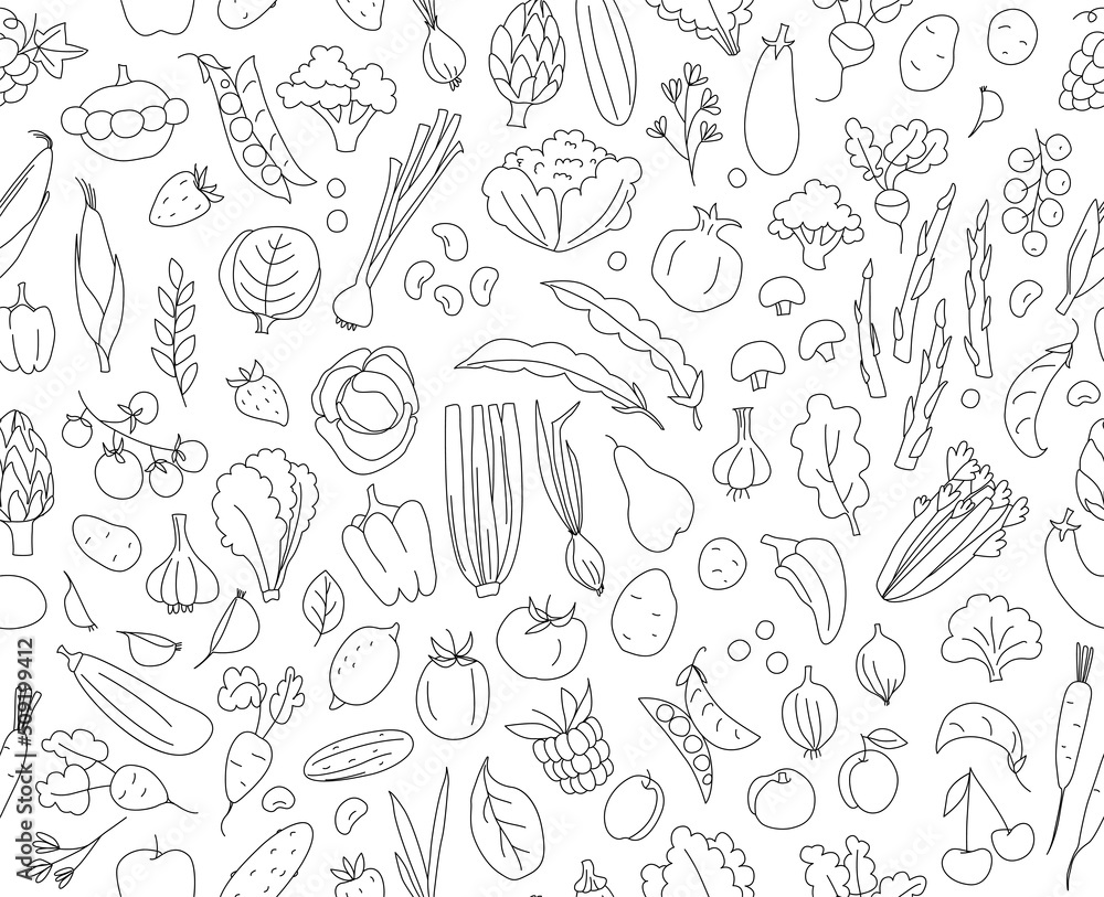 Fototapeta premium Seamless background pattern of organic farm fresh fruits and vegetables