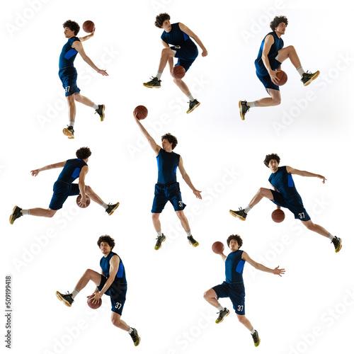 Development of movements. Collage made of images of professional basketball player in sports uniform with ball in motion, action isolated on white studio background.