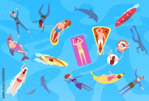 People floating in sea. Man and woman swimmer summer ocean or pool, swim diving float surf board playing above water, seaside vacation time top view, splendid vector illustration