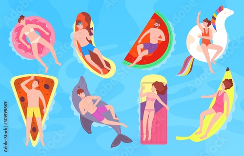 People on air mattresses. Man swimming inflatable mattress bed rubber ring in pool, family floating sea, beautiful woman bikini sunbathing relax