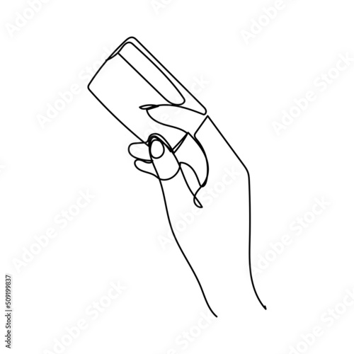 One line hand drawn with wallet. Continuous one line drawing closeup of a hand holding a bank credit card template. Vector illustration isolated on white background