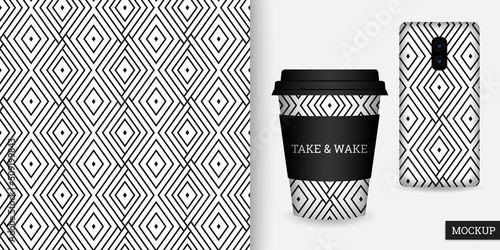Geometric seamless pattern. Black and white abstract background with geometric shapes. Repeating texture. Ornament in rhombus. Vector illustration. Modern design textile, paper, wallpaper. Mockup.