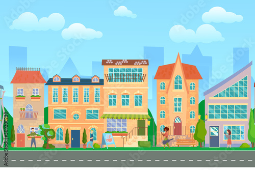 City street. Panoramic cityscape with bright houses  walking pedestrians. Shop and stores. Summer city. Vector illustration in cartoon style.