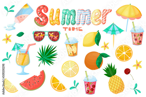 set of summer treats. Fruit cocktail or smoothie in cartoon style. Takeaway drinks. Vector illustration isolated on white background.