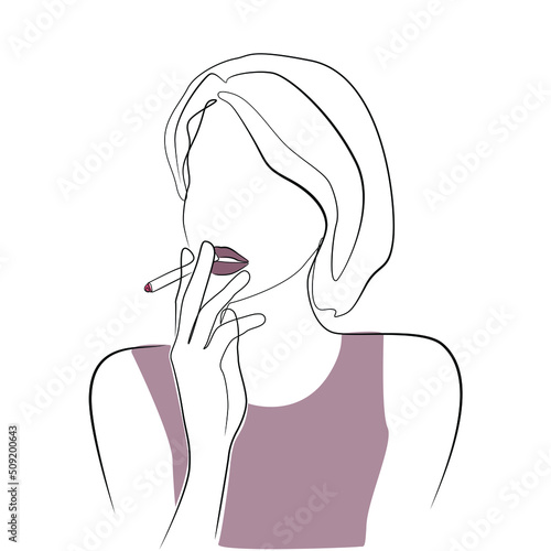 Woman with a cigarette in her mouth one line drawing on white isolated background 