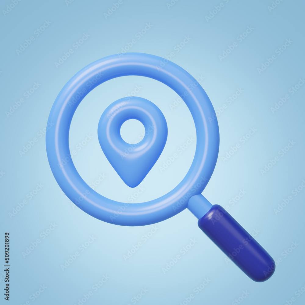3D location map search icon. Magnifying glass, GPS navigator pin isolated on blue background. Search, find, discovery, research concept. Business cartoon icon minimal style. 3d render illustration. 3D location map search icon. Magnifying glass, GPS navigator pin isolated on blue background. Search, find, discovery, research concept. Business cartoon icon minimal style. 3d render illustration.