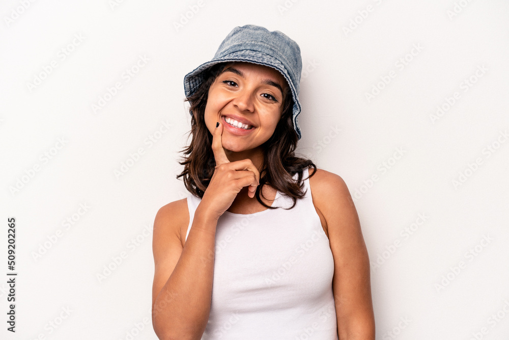 Young hispanic woman isolated on white background smiling happy and confident, touching chin with hand.