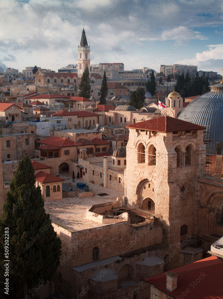 Jerusalem top view above postcard. Church of the Holy Sepulchre and tower of Terra Sancta church