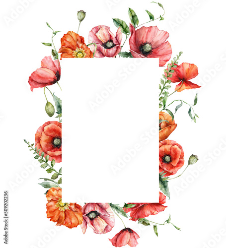 Watercolor meadow flowers vertical frame of poppy, leaves and buds. Hand painted floral card of wildflowers isolated on white background. Holiday Illustration for design, print, background.