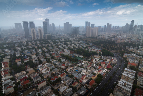 Rain in Tel Aviv, Israel. Givatayim panorama