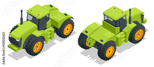 Isometric big green agricultural tractor isolated on white, front and rear view. Used for pulling, pushing agricultural machinery, trailers, ploughing, tilling, disking, harrowing, planting