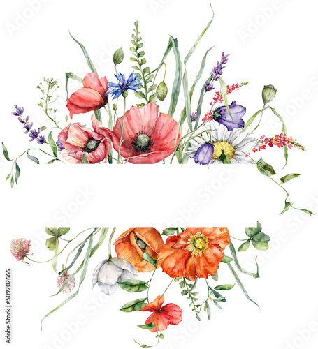 Watercolor meadow flowers horizontal frame of poppy, cornflower and chamomile. Hand painted floral card of wildflowers isolated on white background. Holiday Illustration for design, print, background.