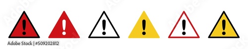 Caution sign. Exclamation sign icon. Isolated danger vector mark. Hazard triangle symbol. Yellow safety mark. Beware of danger icon on white backgound. photo