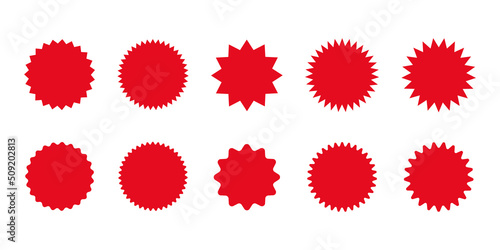 Red tag. Starburst sale sticker. Price tag label. Star burst vector round sign. Promo red sticker button.