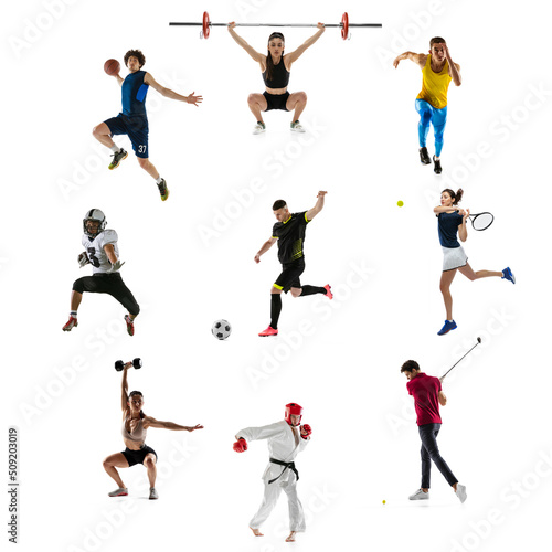 Sport collage of different professional sportsmen, young people in action and motion isolated on white background. Concept of sport, competition, championship.