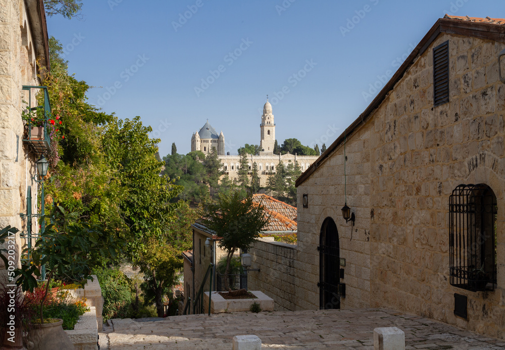 Jerusalem historic neighborhood Yemin Moshe and Abbey of the dormition