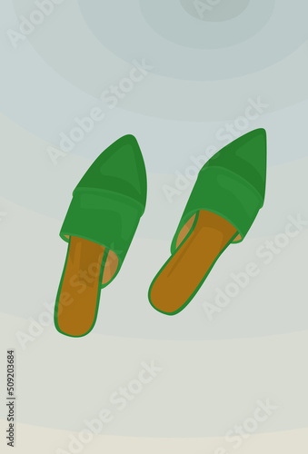 Vector flat image of women's summer-spring-autumn shoes. Beautiful women's green mules. Design for postcards, posters, backgrounds, templates, textiles, banners.