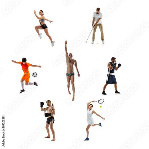 Collage of different professional sportsmen, fit people in action and motion isolated on white background. Concept of sport, achievements, competition, championship. © master1305