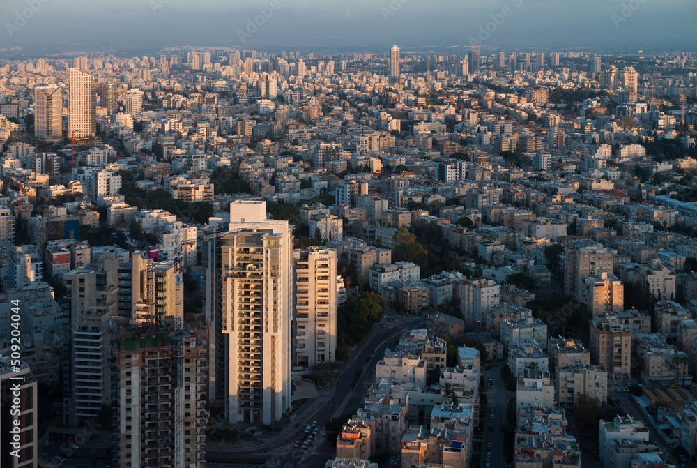 Ramat Gan and Givatayim sunset aerial view