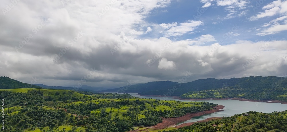 panorama of the river, mountain, sky