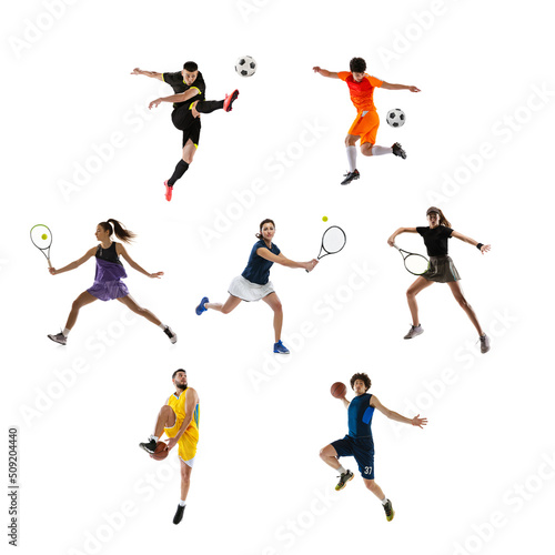 Collage of different professional sportsmen, fit people in action and motion isolated on white background. Concept of sport, achievements, competition, championship. © master1305