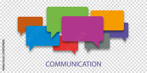 Vector illustration of communication concept. Word communication with colorful dialog speech bubbles. Paper cut style on transparent isolated background. Community concept