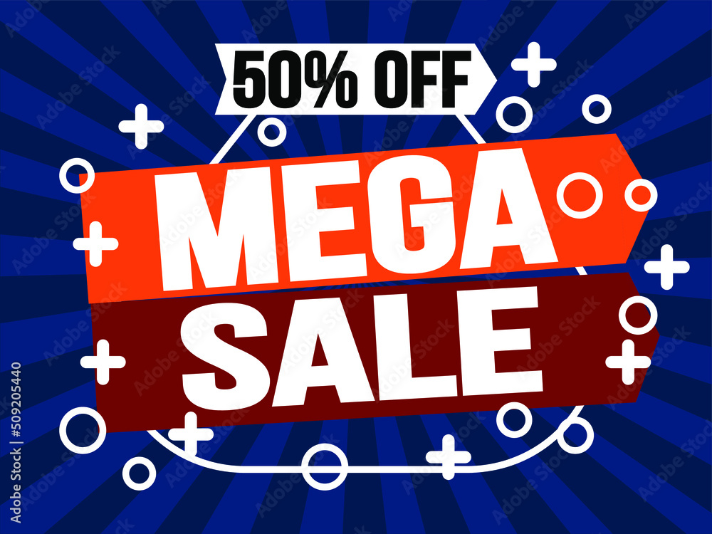 50% off mega sale. Super sale discount banner promotion.