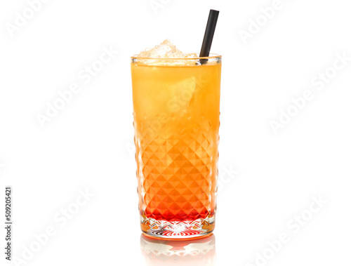 Glass of tequila sunrise cocktail isolated on white background