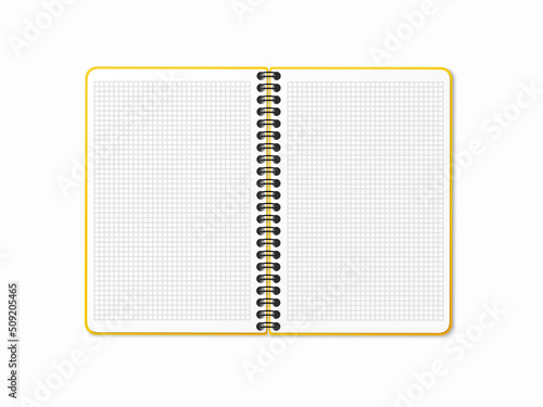 Yellow open notebook with vertical spiral. Blank sheets in a cage. Vector illustration on a white isolated background. Realistic 3D mock up.
