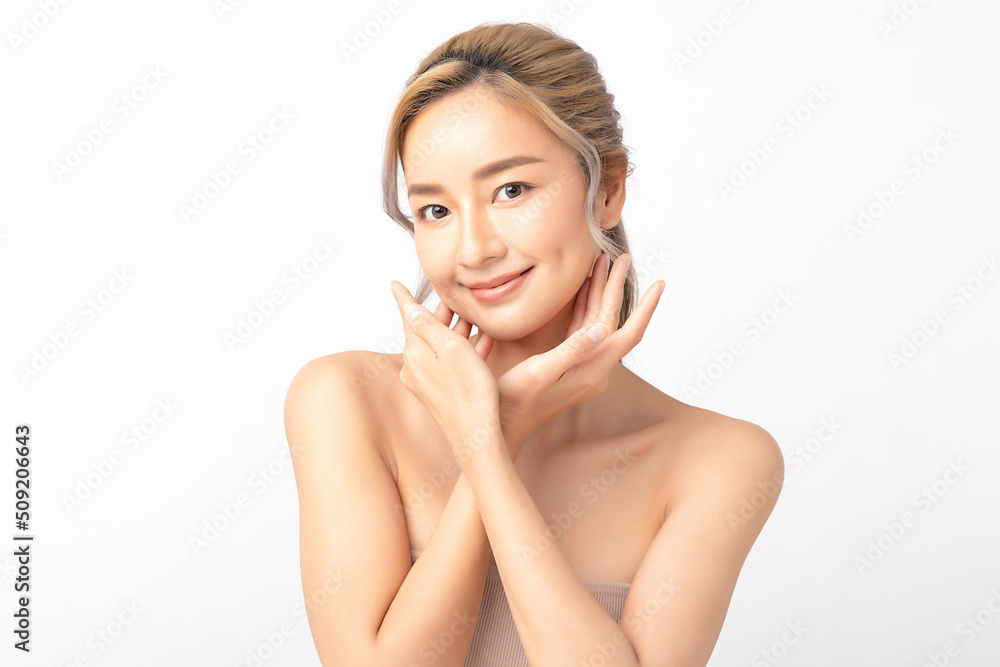 Happy beautiful young asian woman clean fresh bare skin concept. Asian girl beauty face skincare and health wellness, Facial treatment, Perfect skin, Natural make up. Isolated on white background. Happy beautiful young asian woman clean fresh bare skin concept. Asian girl beauty face skincare and health wellness, Facial treatment, Perfect skin, Natural make up. Isolated on white background.
