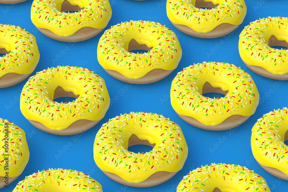 Pattern of donuts on blue background. Homemade bakery. Break time. Sweet dessert. Fast food. 3d render Pattern of donuts on blue background. Homemade bakery. Break time. Sweet dessert. Fast food. 3d render