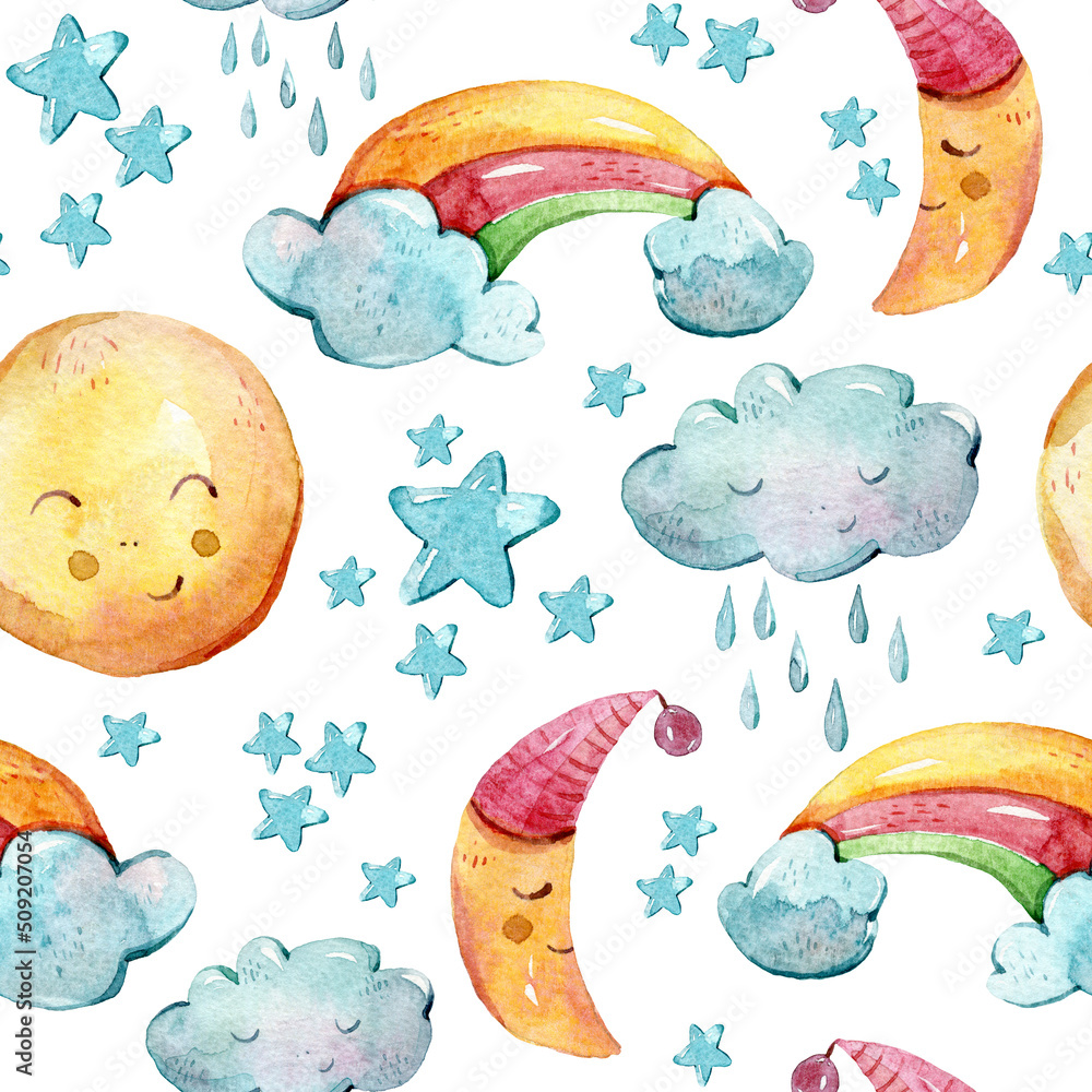 Watercolor nursery moon and stars seamless pattern for fabric, print ...