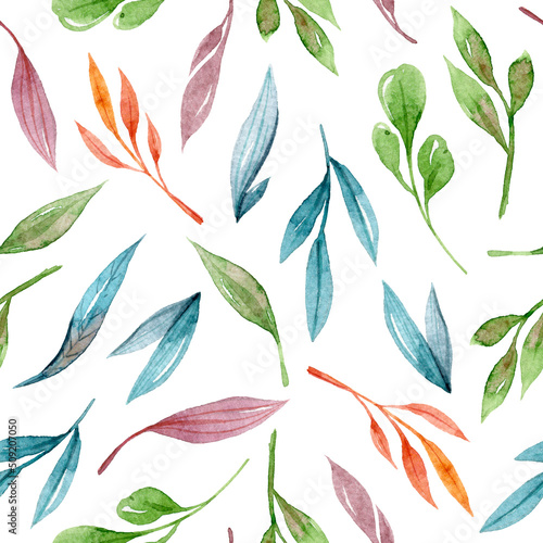 Watercolor floral seamless pattern for fabric  print  textile design  scrapbook paper  wrapping paper  wallpaper. Leaves illustration on white background