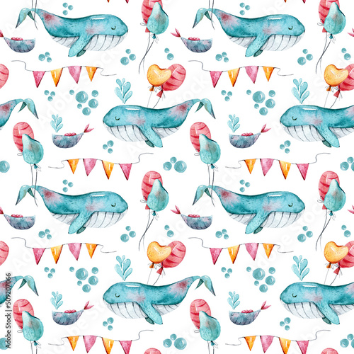 Watercolor whale and fish underwater nautical seamless pattern for fabric, print, textile design, scrapbook paper, wrapping paper, wallpaper. Hand painted cute nursery illustrations