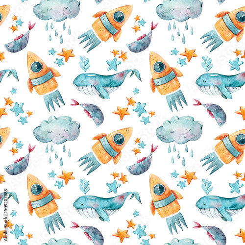 Watercolor spase and sky rocket  seamless pattern for fabric, print, textile design, scrapbook paper, wrapping paper, wallpaper. Hand painted cute nursery illustrations