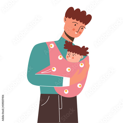 Happy father with daughter. The father is holding his daughter in a sling. Vector illustration in cartoon style.