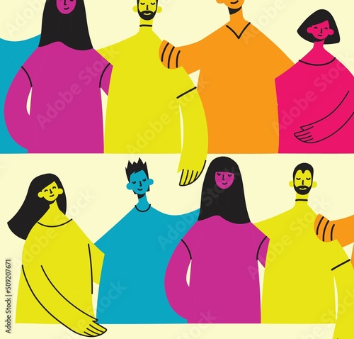 Flat illustration of a group containing inclusive and diversified people all together without any difference.