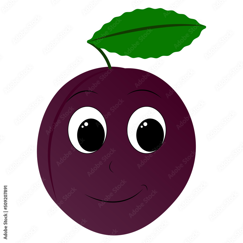 Obraz premium Happy smiling plum character. Cheerful purple plum. Print for a T-shirt. Vector illustration