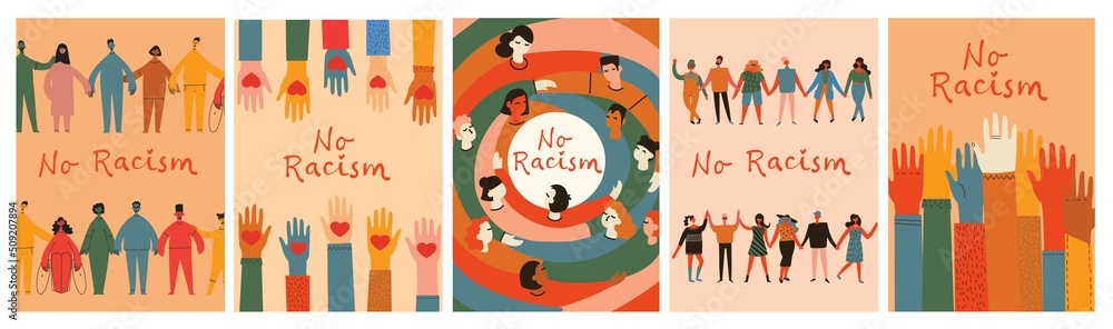 Naklejka premium No racism. Characters of different nationalities are hugging, a poster with the phrase no racism. Text message to protest. Demonstration of solidarity, unity and love.