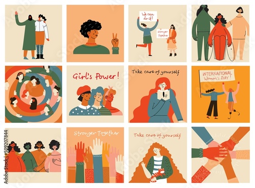 Women friendship group. Diverse female team standing together, holding hands, girls power, multinational sisterhood community vector illustration. Friendship group females, people diversity