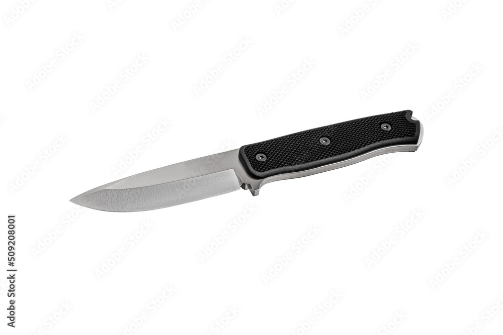 Modern hunting knife with silver blade and rubber handle. Steel arms. Isolate on a white back Modern hunting knife with silver blade and rubber handle. Steel arms. Isolate on a white back