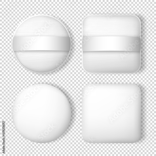 Collection of square and circle white powder puffs template. Realistic 3d makeup sponges for compact powder, foundation cushion. Template of cosmetic items isolated on transparent background
