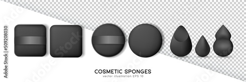 Black cosmetic sponges for apply make up. Set of square and round powder puffs and beauty blender different shapes  isolated on transparent and white background. Realistic makeup items template