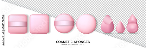 Collection of square and round powder puffs and beauty blender different shapes. Pink cosmetic sponges for apply make up isolated on transparent and white background. Realistic makeup items template