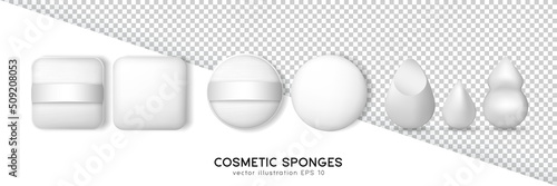 Collection of square and round powder puffs and beauty blender different shapes. White cosmetic sponges for apply make up isolated on transparent and white background. Realistic makeup items template