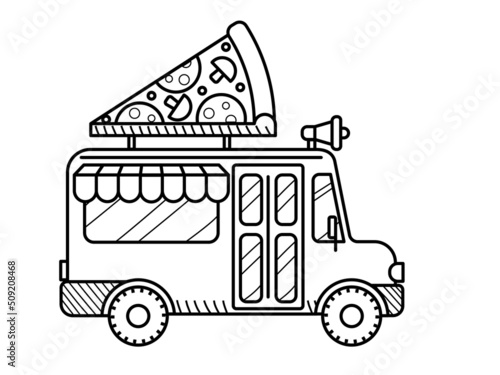 Pizza van coloring page. Cartoon food truck