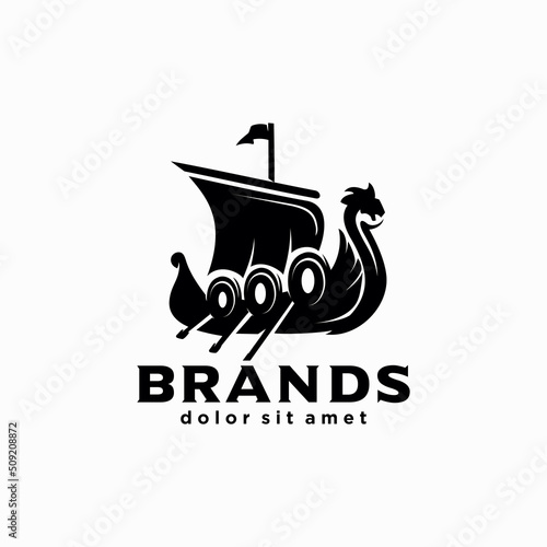 scandinavian drakkar logo design illustration of Viking ship Flat emblem 